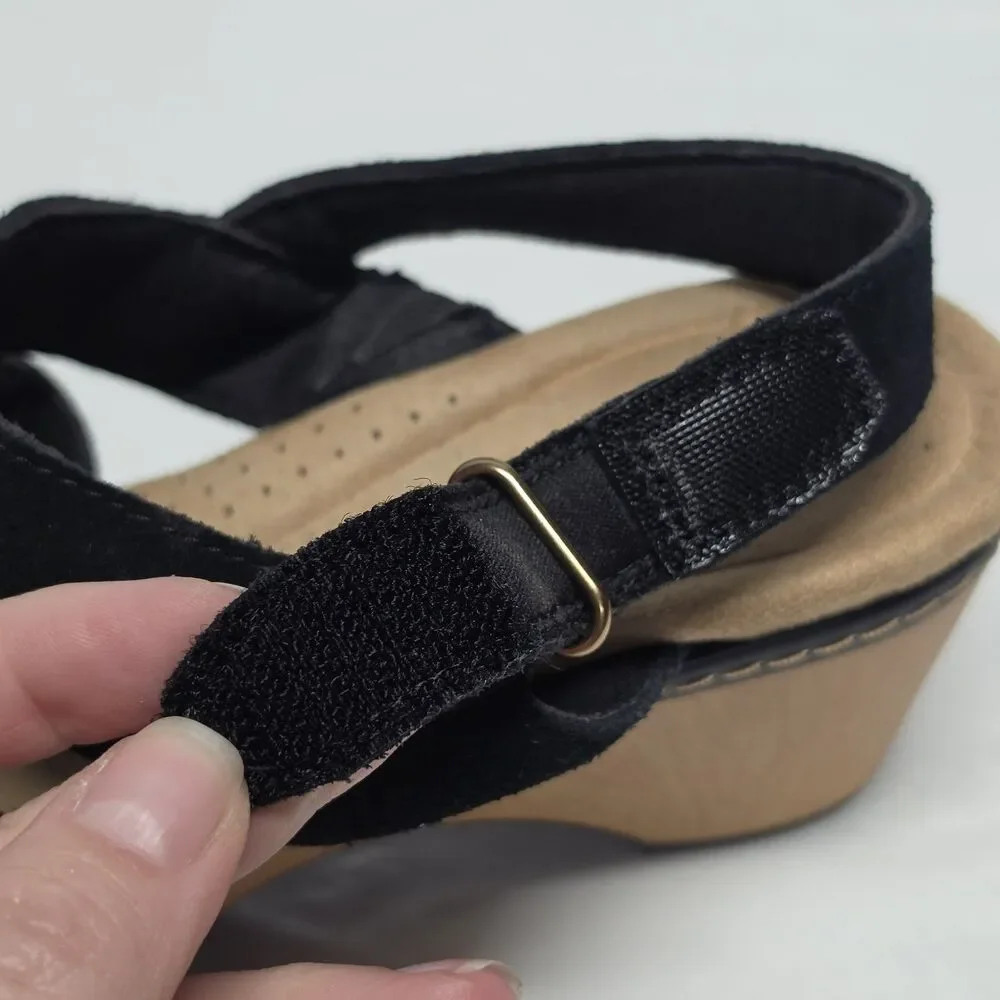 Clarks Seannah Glow Suede Wedge Sandal In Black Womens Sz 10 Wide Slingback